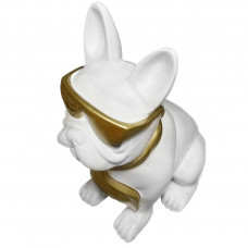 Beeld Franse Bulldog Wit Groot Met Gouden Bril en Gouden Stropdas ( Afhaalprijs ) 79 cm