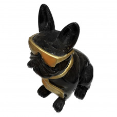 Beeld Franse Bulldog Zwart Groot Met Gouden Bril en Gouden Stropdas ( Afhaalprijs ) 79 cm