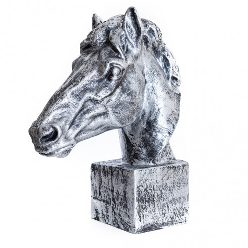 Beeld Paardenhoofd Paardenkop ( Afhaalprijs ) 64 cm Zilverkleur Op Voet Uit Kunsthars
