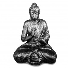 Boeddha Beeld Groot 120cm Abhaya Mudra Zilverkleurig Zwart Zittend Mediterend in Lotushouding - Afhaalartikel