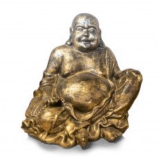 Dikke Lachende Chinese Happy Boeddha met Mala 100cm Goudkleurig Zwart Zittend - Afhaalartikel
