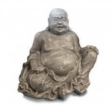 Dikke Lachende Chinese Happy Boeddha met Mala 100cm Steenkleurig Zwart Zittend Decoratie