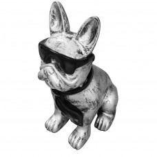 Beeld Franse Bulldog Zilver 120cm Groot ( Winkel Afhaalprijs ) Met Zwarte Bril en Zwarte Stropdas
